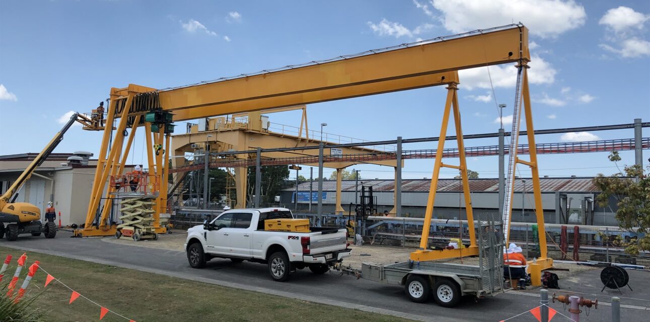 Outdoor portal crane structure installed for industrial lifting