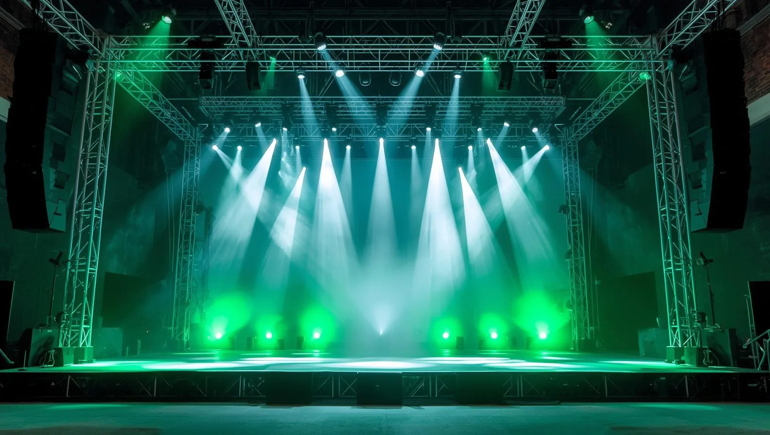 Stage lighting rigging supported by entertainment hoists